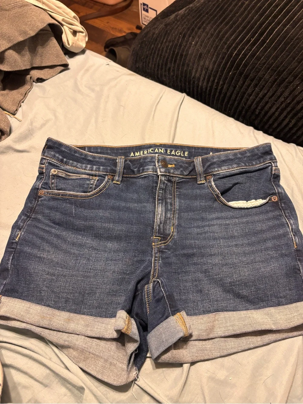 American Eagle Indigo Blue Denim Shorts with Contrast Stitching